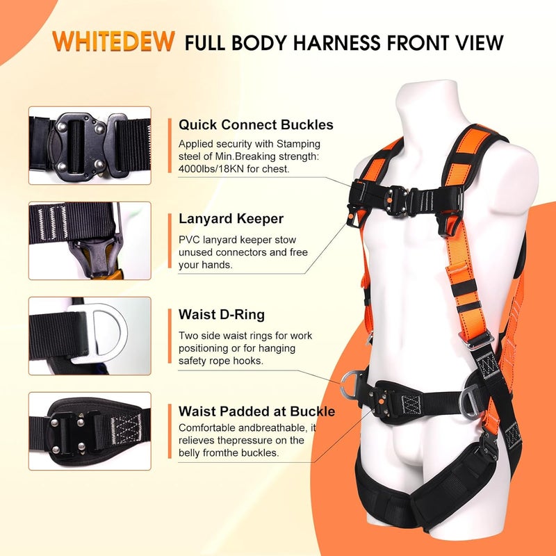 Whitedew Fall Protection Premium Safety Harness with Shock Absorbing Lanyard, Vented & Padded Shoulder, Legs & Back - Upgrade 4 Quick Buckles (Orange) - Image 2